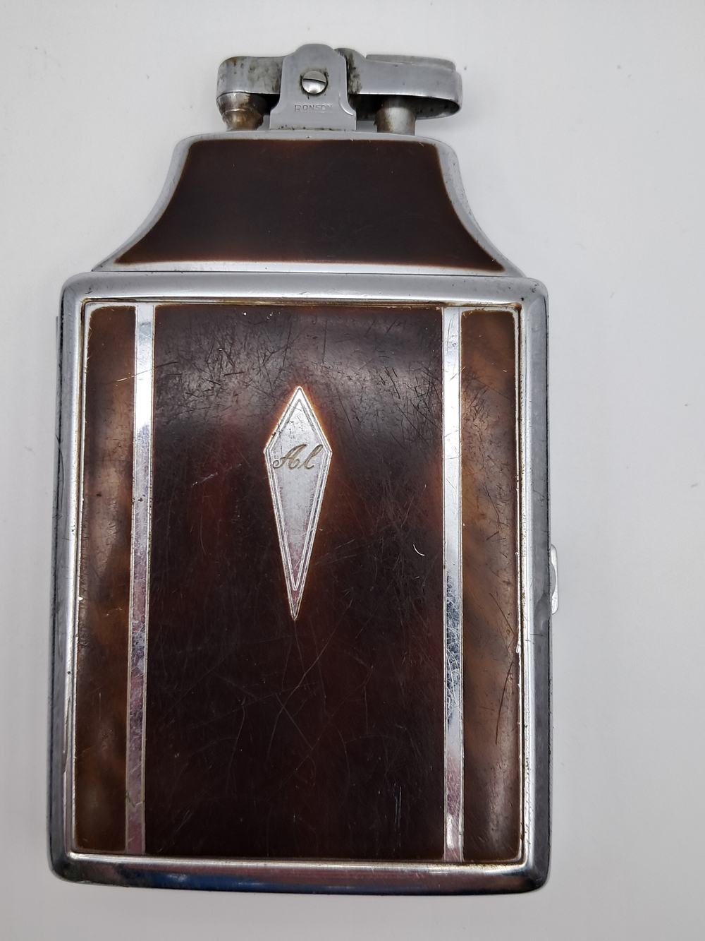 Vtg Ronson Mastercase Cigarette Case Lighter Faux Tortoiseshell Art Deco 'AL'